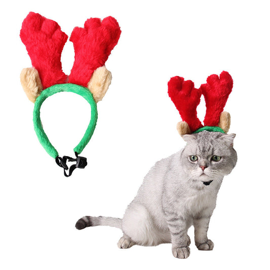 JMT-863178 Red and Green Velvet Dog and Cat Christmas Headgear with Adjustable Scarf for All Seasons