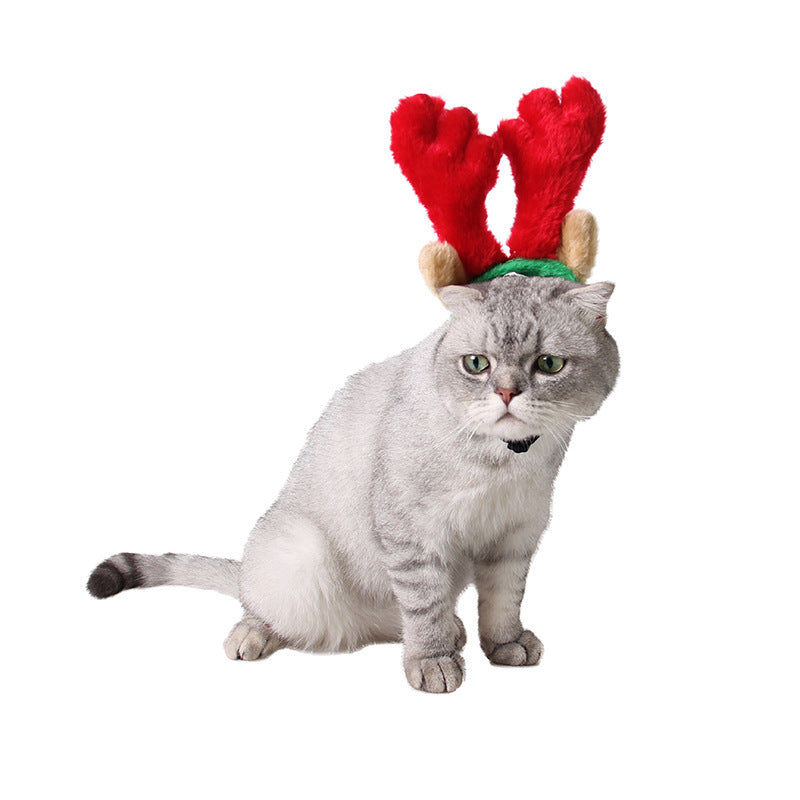 JMT-863178 Red and Green Velvet Dog and Cat Christmas Headgear with Adjustable Scarf for All Seasons
