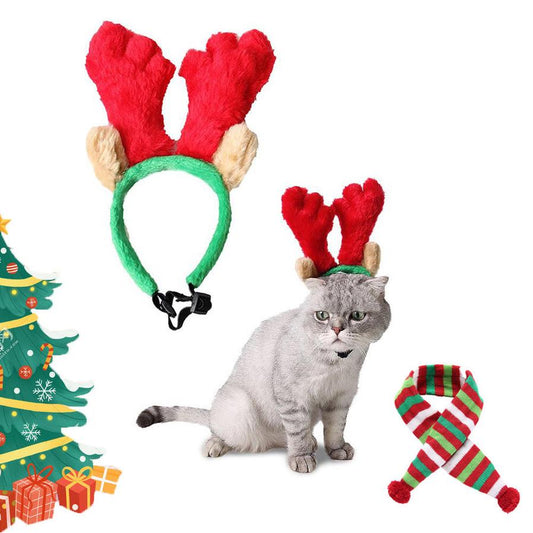 JMT-863178 Red and Green Velvet Dog and Cat Christmas Headgear with Adjustable Scarf for All Seasons