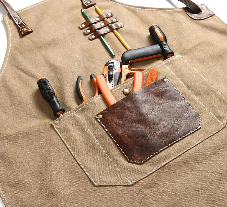 JMT-864458 Adjustable Cross Strap Multi-Purpose Canvas Apron with Tool Pocket for Gardening and Cooking