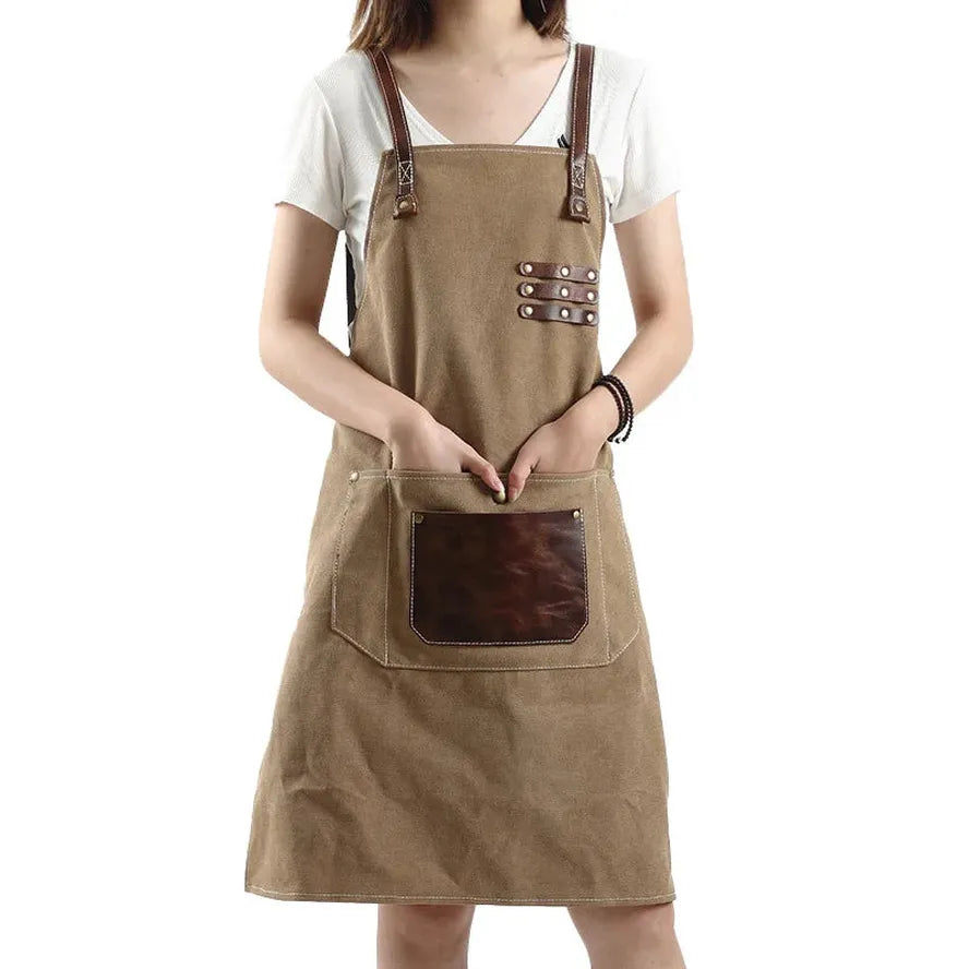 JMT-864458 Adjustable Cross Strap Multi-Purpose Canvas Apron with Tool Pocket for Gardening and Cooking