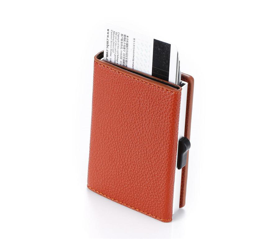 JMT-866250 Automatic Credit Card Ejecting Metal Card Holder in PU Leather