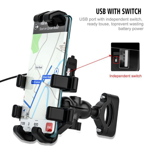 JMT-866570 Motorcycle Mobile Phone Holder with USB Charging for Navigation – Black ABS Design