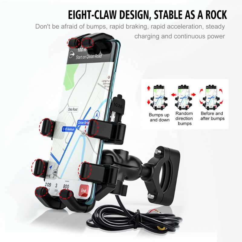 JMT-866570 Motorcycle Mobile Phone Holder with USB Charging for Navigation – Black ABS Design