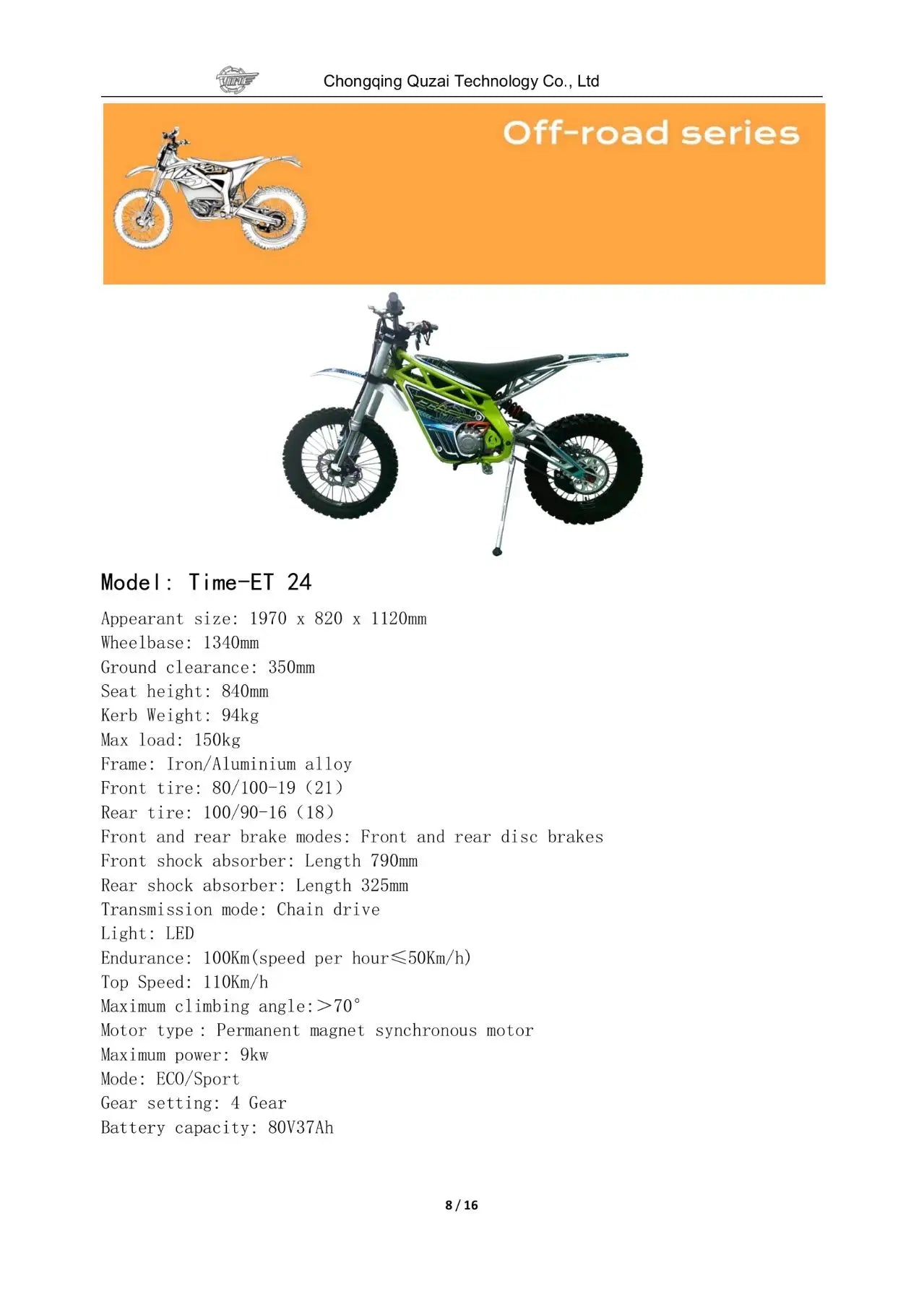JMT-867786 High-Performance 80V Electric Dirt Bike 9 KW Power Off-Road Capable , Top Speed 27.9 mph
