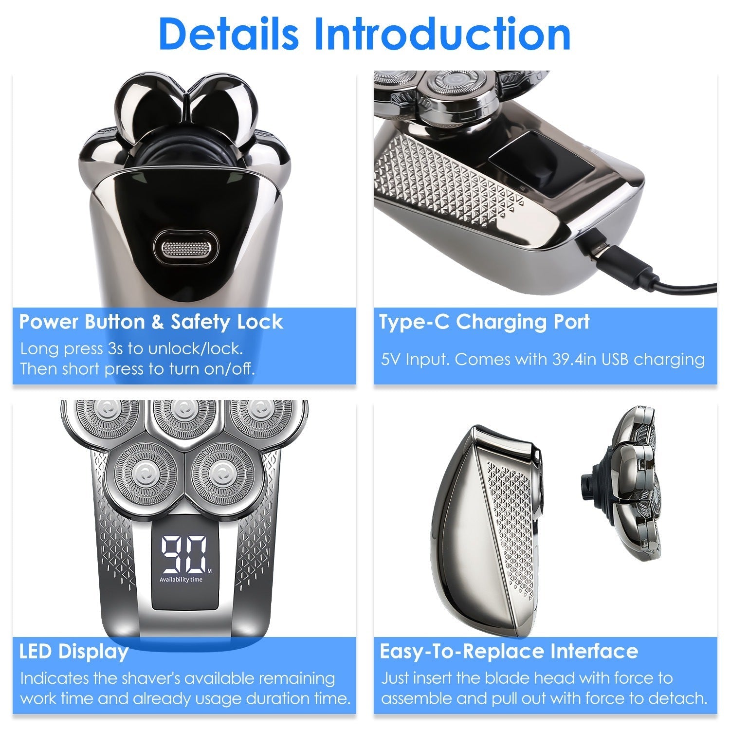 JMT-869258 5 in 1 Rechargeable Electric Rotary Head Shaver with Precision Trimmer and Waterproof Grooming Kit