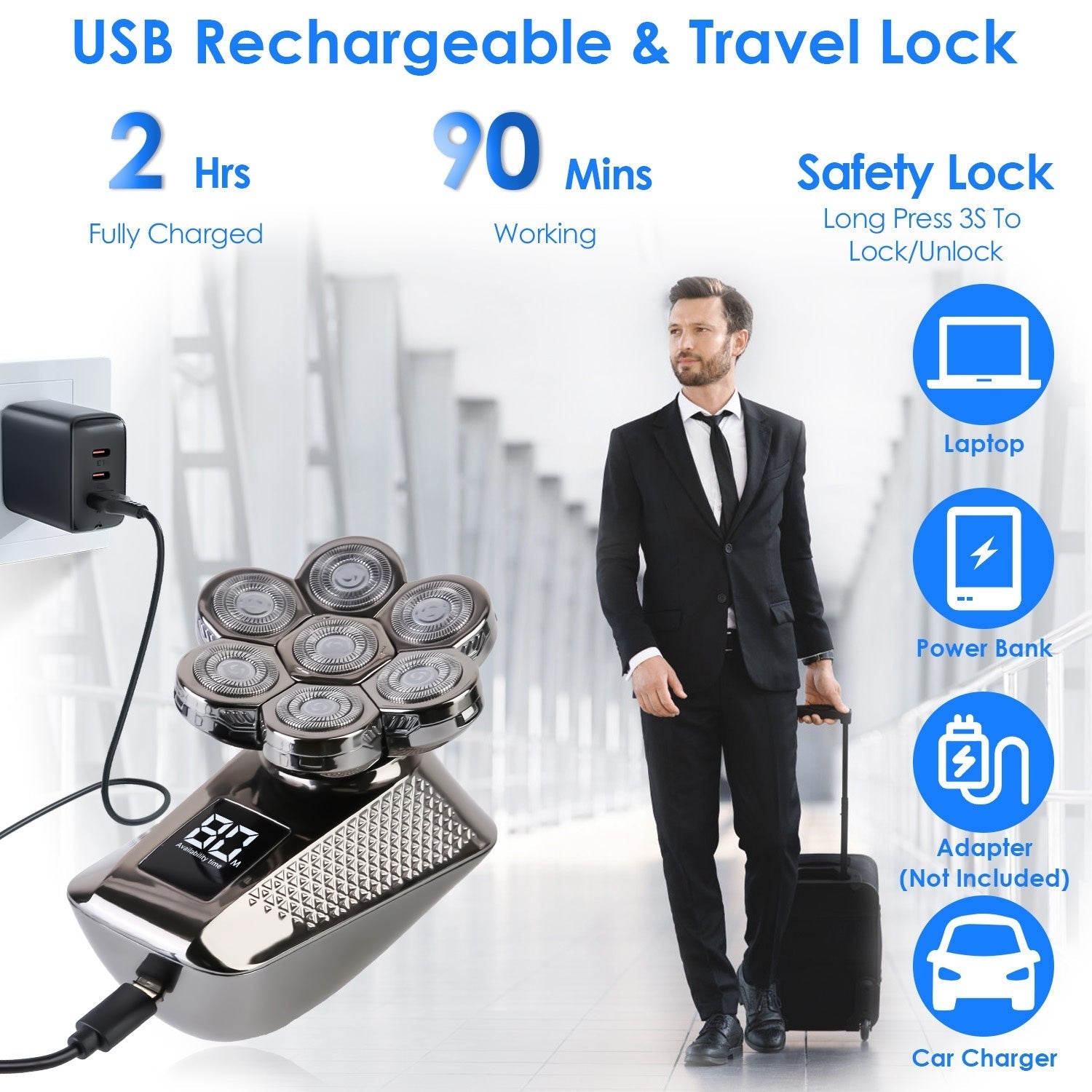 JMT-869258 5 in 1 Rechargeable Electric Rotary Head Shaver with Precision Trimmer and Waterproof Grooming Kit