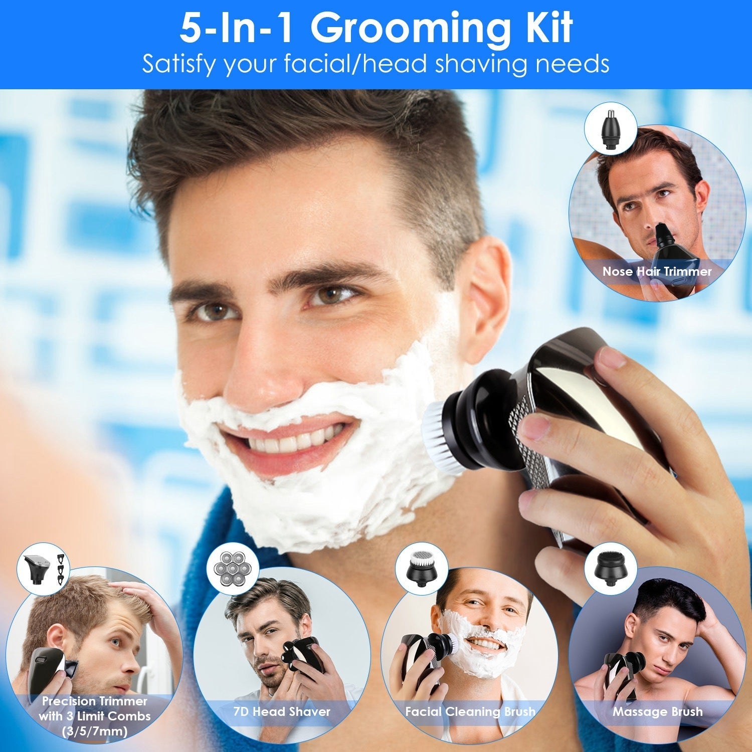 JMT-869258 5 in 1 Rechargeable Electric Rotary Head Shaver with Precision Trimmer and Waterproof Grooming Kit