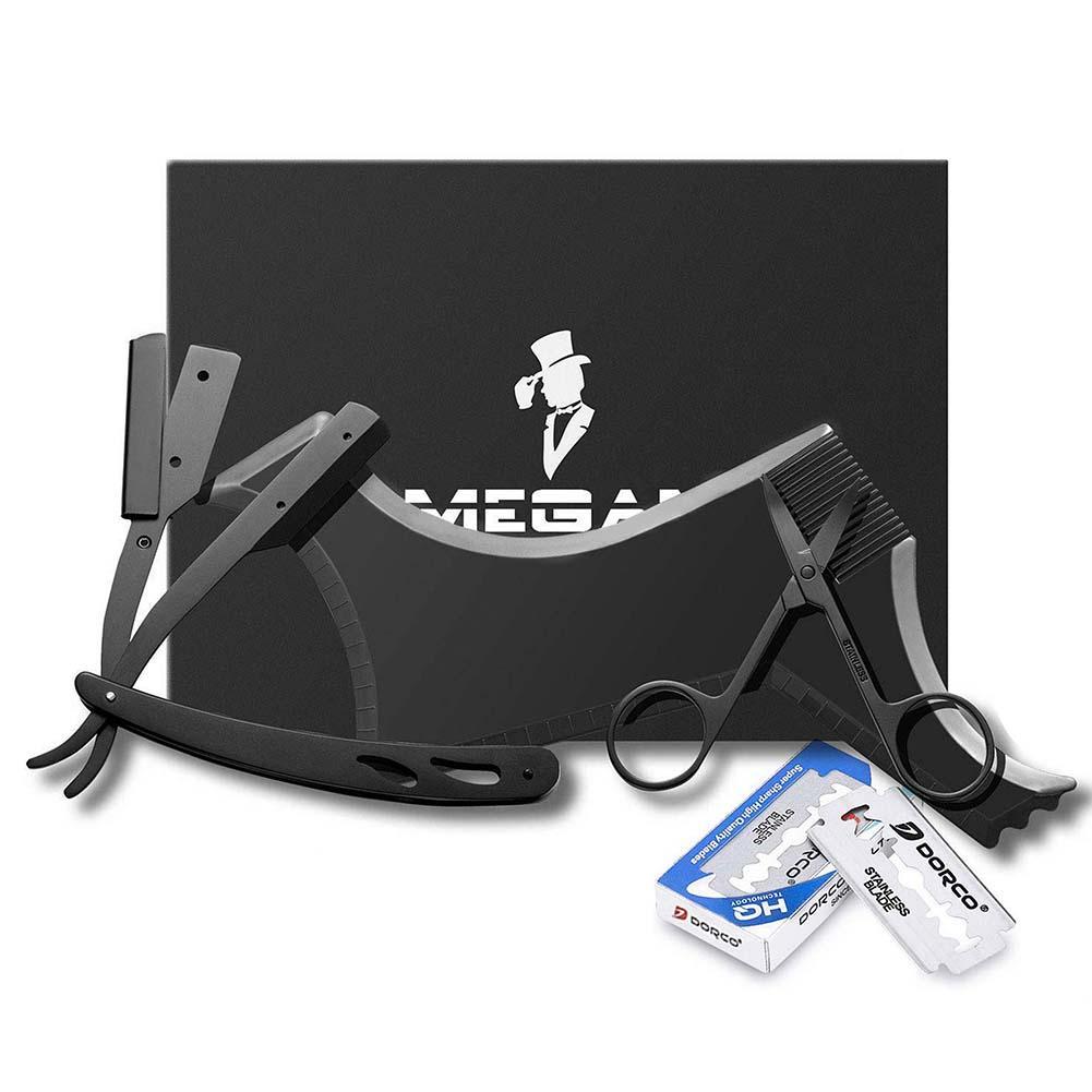 JMT-871562 Black Stainless Steel Shaving Set with Modeling Comb, Razor, Scissors, and Blades in Envelope Box