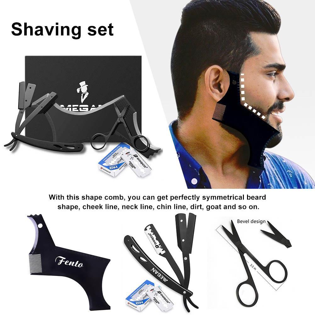 JMT-871562 Black Stainless Steel Shaving Set with Modeling Comb, Razor, Scissors, and Blades in Envelope Box