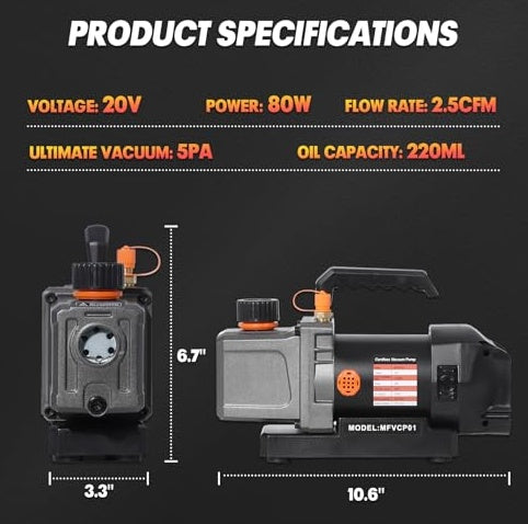 JMT-872586 Cordless 2.5CFM Vacuum Pump Kit for Automotive HVAC with Oil-Gas Separator and Compatible Battery