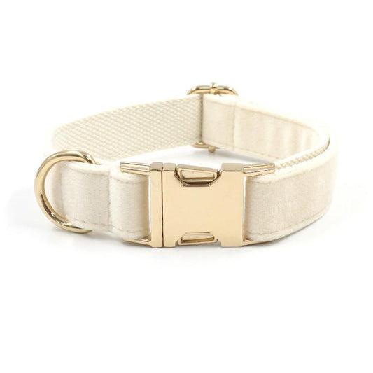 JMT-872650 Cream Velvet Dog Collar with Gold Buckle and Bow Tie Accessory