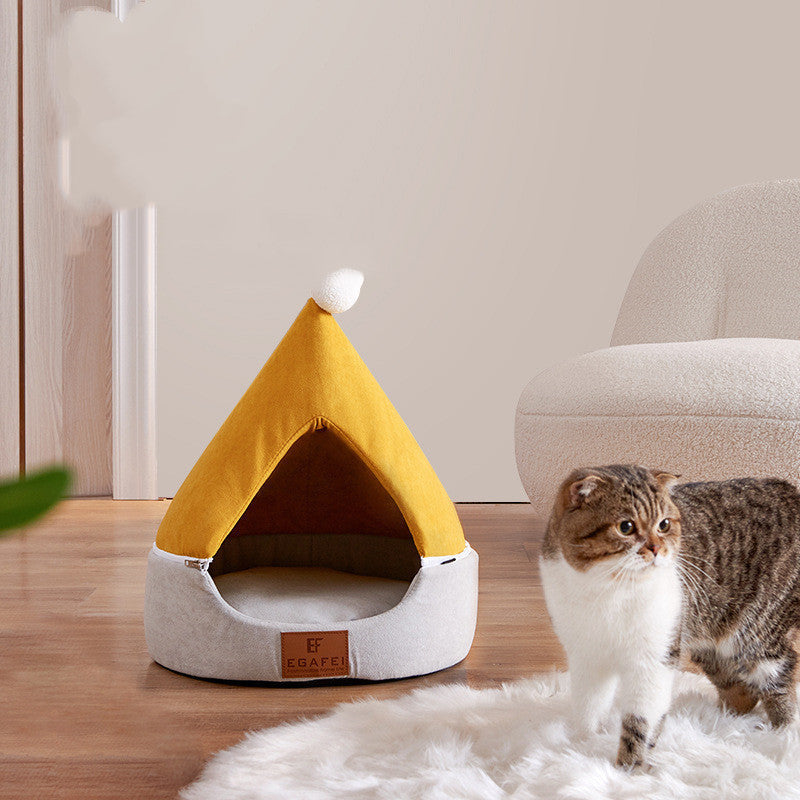 JMT-872778 Removable and Washable Cat Litter Nest with Christmas Hat Design in Yellow and Grey Options