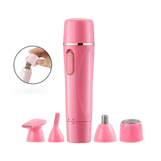 JMT-873610 4-In-1 Multifunctional Electric Epilator for Whole Body Hair Removal, USB Rechargeable, Pink, Includes 4 Cutter Heads, Cleaning Brush, and Manual