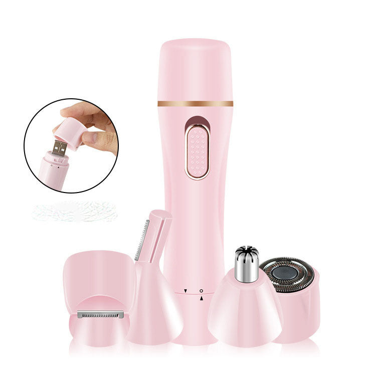 JMT-873610 4-In-1 Multifunctional Electric Epilator for Whole Body Hair Removal, USB Rechargeable, Pink, Includes 4 Cutter Heads, Cleaning Brush, and Manual