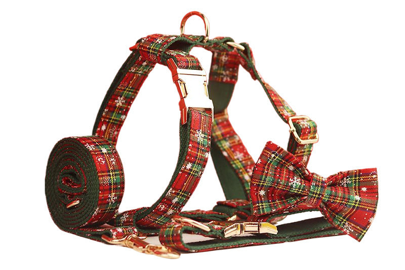 JMT-873802 Green Snowflake Christmas Pet Collar Set with Leash, Bow, and Vest – Perfect for Festive Celebrations