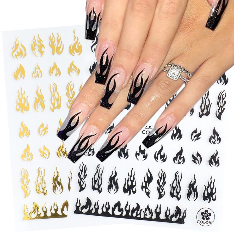 JMT-873930 Flame Series Black, White, Gold, and Silver Nail Stickers - 10.5x8cm