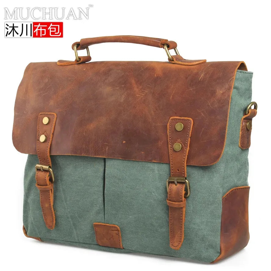 JMT-874378 Vintage Canvas and Cowhide Leather Messenger Bag - Multifunctional Crossbody Briefcase