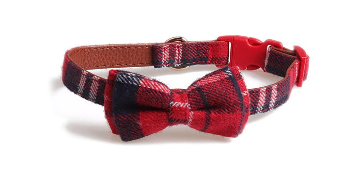 JMT-874442 Bowknot Adjustable Puppy Collar - Lattice Pattern, 100% Cotton & PU Leather, Fits Small to Large Dogs
