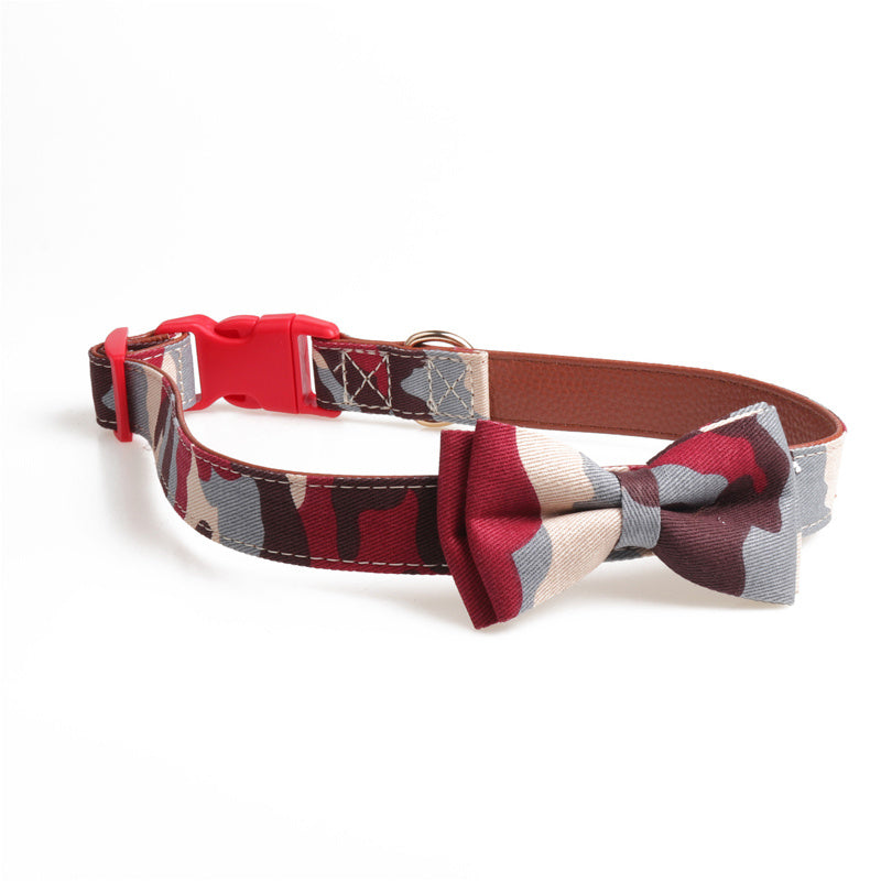 JMT-874442 Bowknot Adjustable Puppy Collar - Lattice Pattern, 100% Cotton & PU Leather, Fits Small to Large Dogs