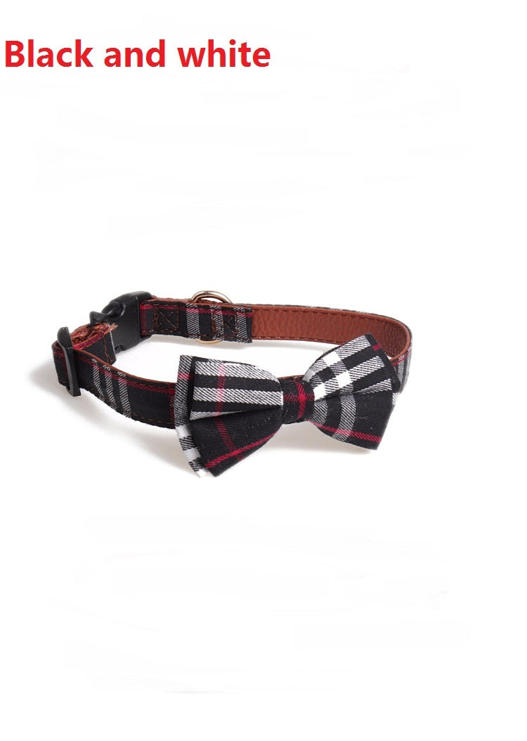 JMT-874442 Bowknot Adjustable Puppy Collar - Lattice Pattern, 100% Cotton & PU Leather, Fits Small to Large Dogs