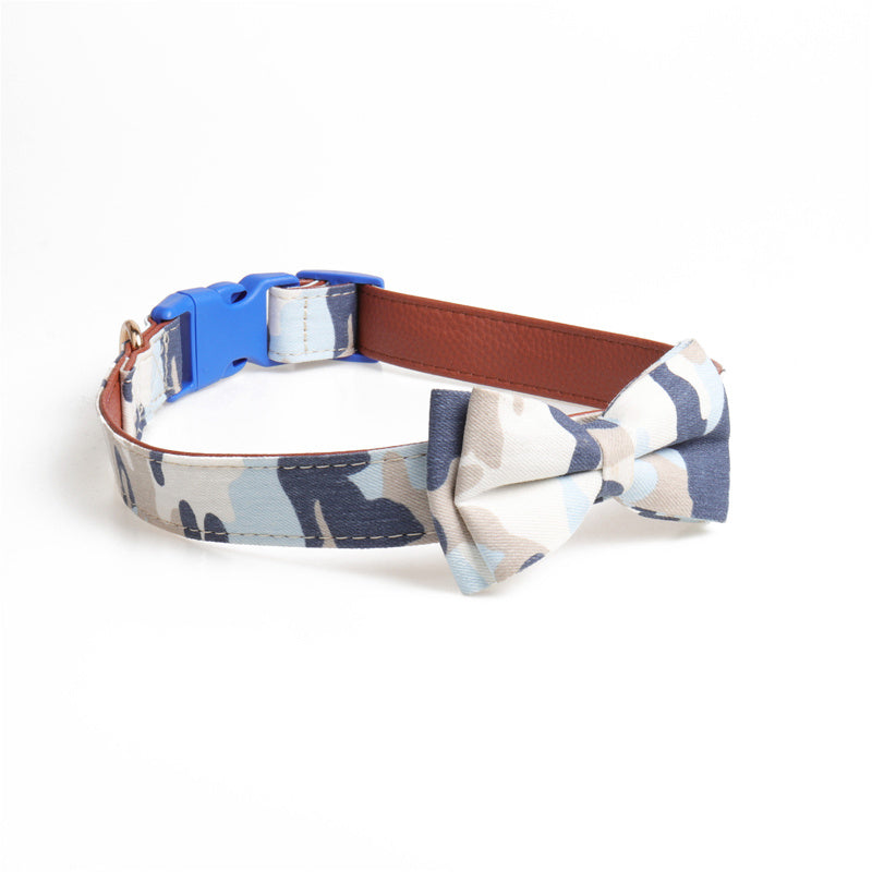 JMT-874442 Bowknot Adjustable Puppy Collar - Lattice Pattern, 100% Cotton & PU Leather, Fits Small to Large Dogs