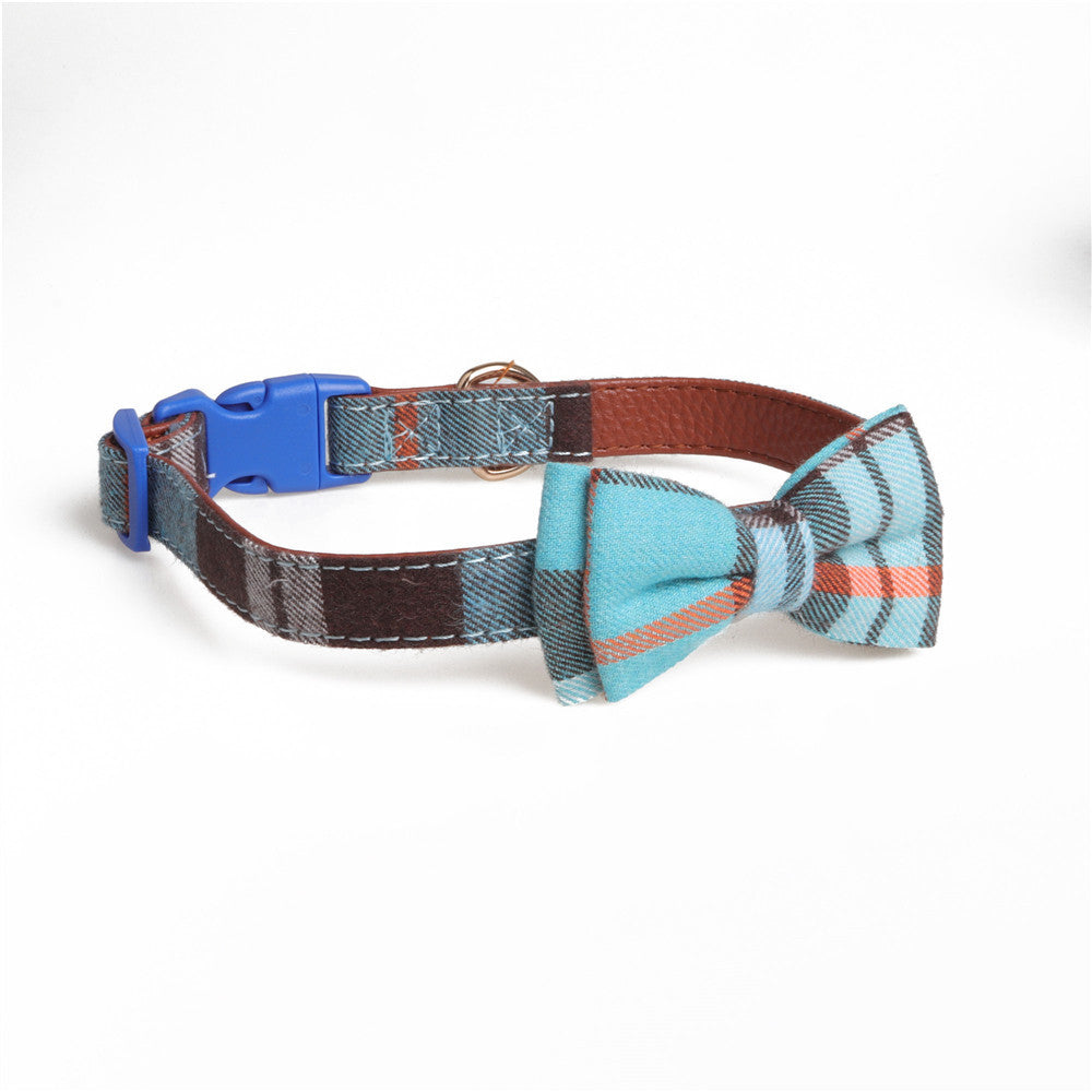 JMT-874442 Bowknot Adjustable Puppy Collar - Lattice Pattern, 100% Cotton & PU Leather, Fits Small to Large Dogs