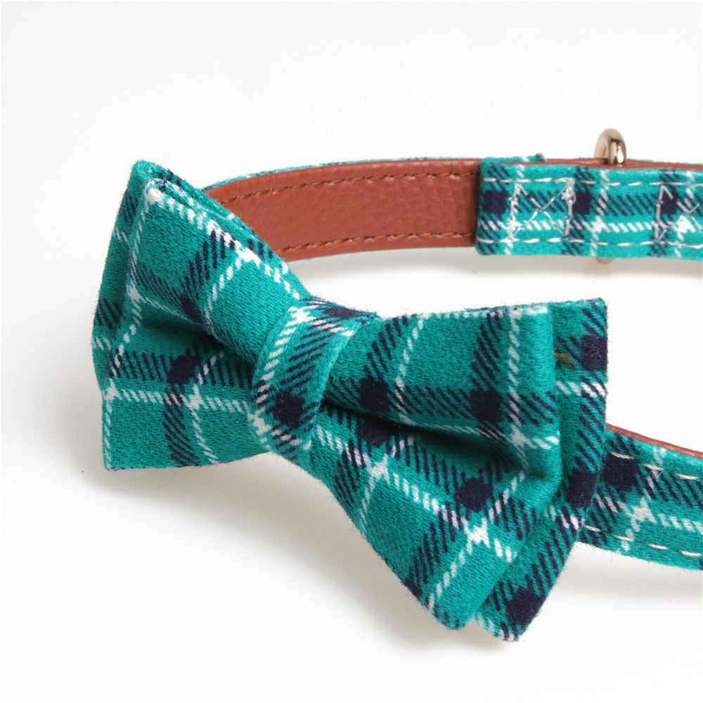 JMT-874442 Bowknot Adjustable Puppy Collar - Lattice Pattern, 100% Cotton & PU Leather, Fits Small to Large Dogs