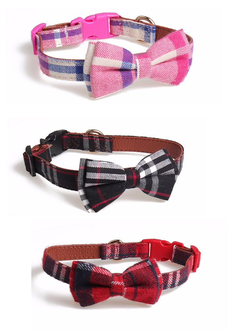 JMT-874442 Bowknot Adjustable Puppy Collar - Lattice Pattern, 100% Cotton & PU Leather, Fits Small to Large Dogs