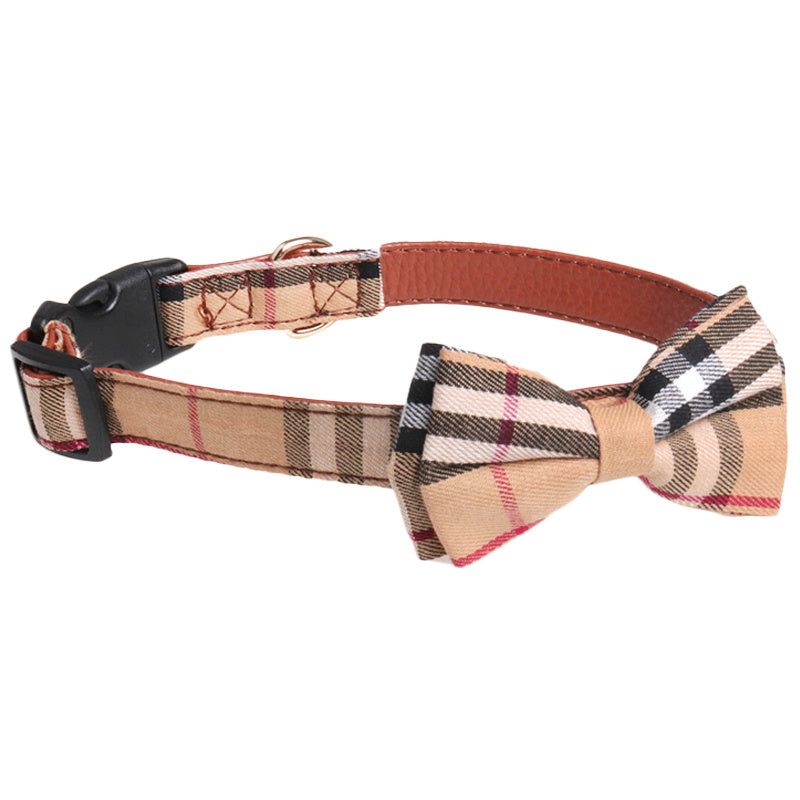 JMT-874442 Bowknot Adjustable Puppy Collar - Lattice Pattern, 100% Cotton & PU Leather, Fits Small to Large Dogs