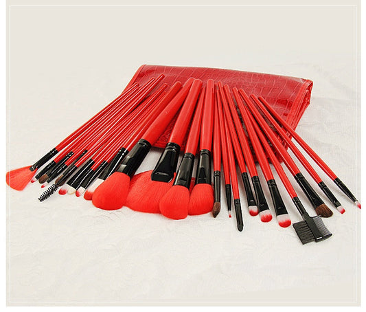 JMT-874762 24-Piece Red Makeup Brush Set with Nylon Bristles and Wooden Handles