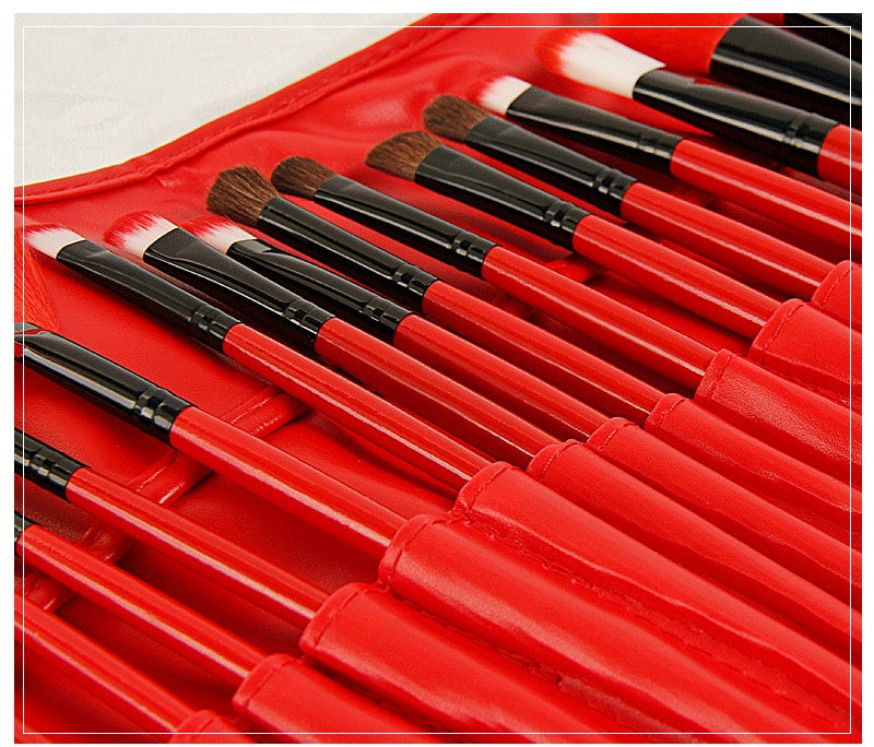 JMT-874762 24-Piece Red Makeup Brush Set with Nylon Bristles and Wooden Handles