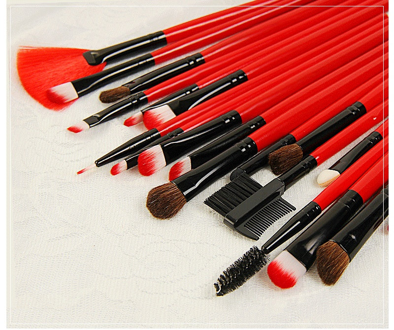 JMT-874762 24-Piece Red Makeup Brush Set with Nylon Bristles and Wooden Handles