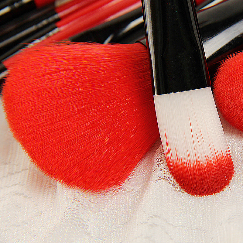 JMT-874762 24-Piece Red Makeup Brush Set with Nylon Bristles and Wooden Handles