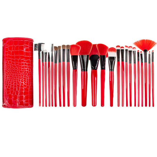 JMT-874762 24-Piece Red Makeup Brush Set with Nylon Bristles and Wooden Handles