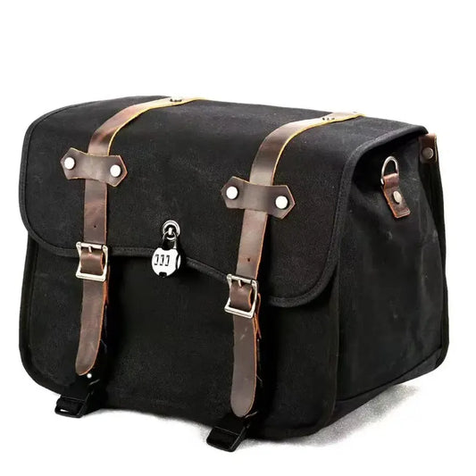 JMT-875146 Vintage Motorcycle Rear Seat Bag in Batik Canvas with Leather Accents - Durable and Waterproof Riding Tail Bag for Full Helmets