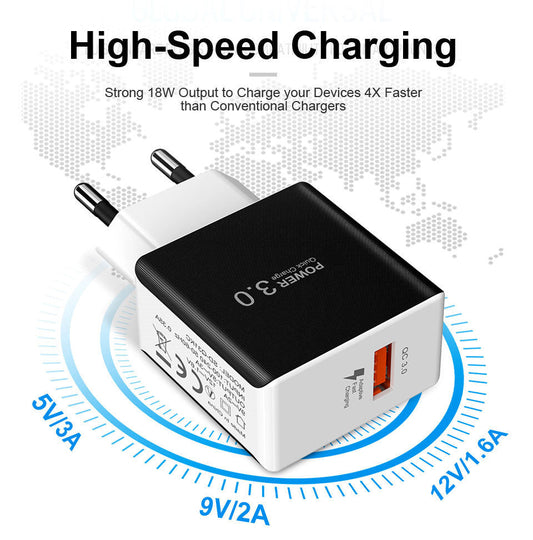 JMT-875466 18W Quick Charge 3.0 USB Wall Charger for iPhone, Samsung, Huawei - EU Plug