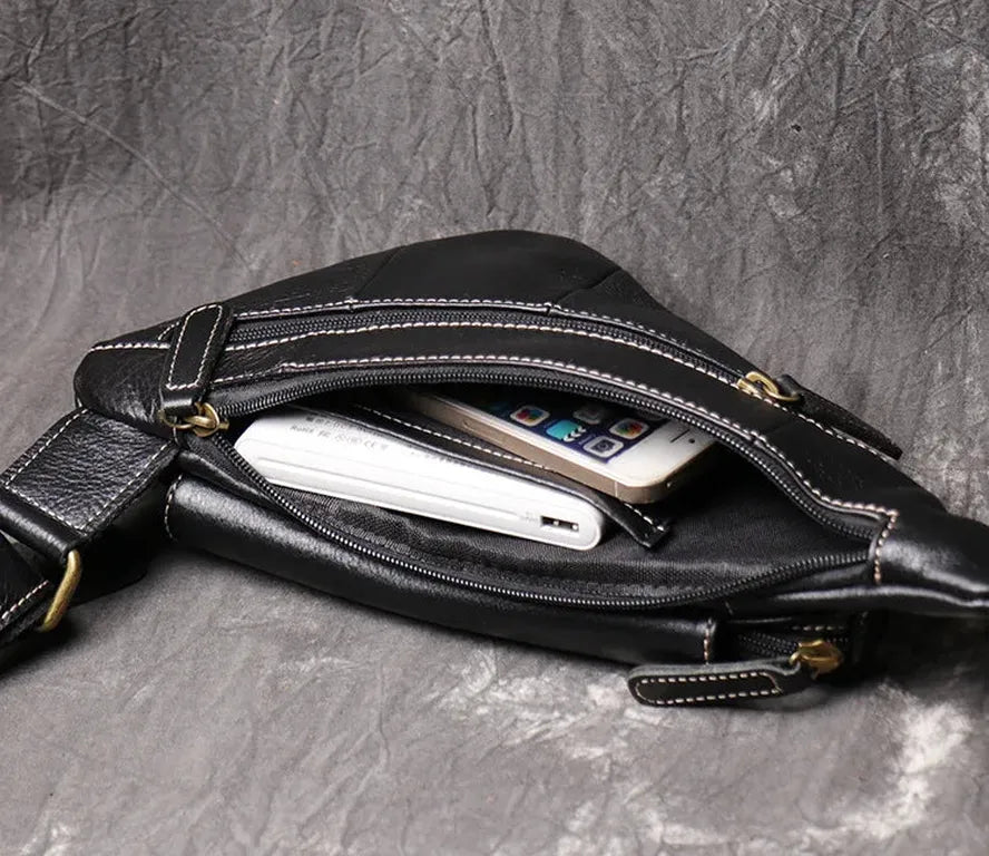 JMT-876810 Leather Men's Outdoor Leisure Chest Bag in Black and Coffee