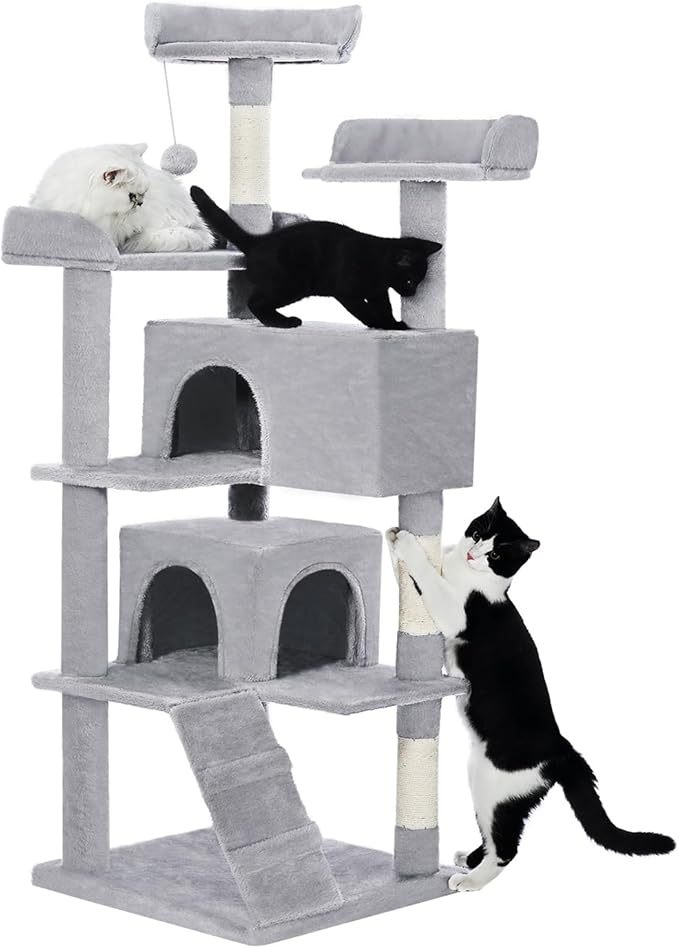 JMT-876938 56-Inch Multi-Level Cat Tree with Two Apartments, Scratching Posts, and Toys in Light Gray
