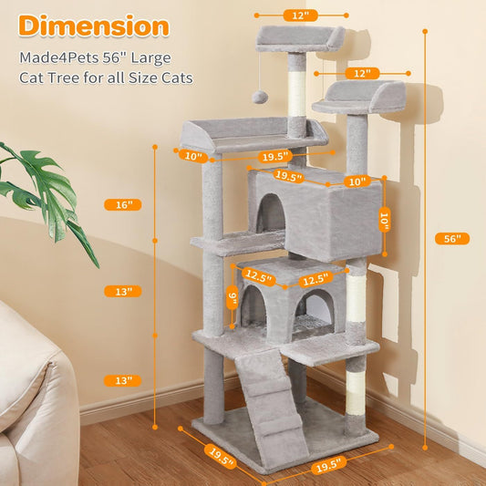 JMT-876938 56-Inch Multi-Level Cat Tree with Two Apartments, Scratching Posts, and Toys in Light Gray