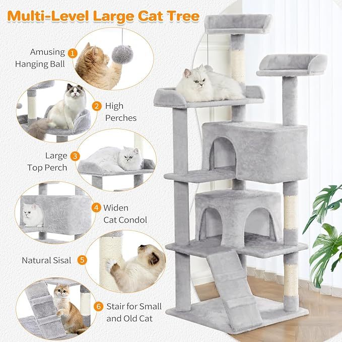 JMT-876938 56-Inch Multi-Level Cat Tree with Two Apartments, Scratching Posts, and Toys in Light Gray