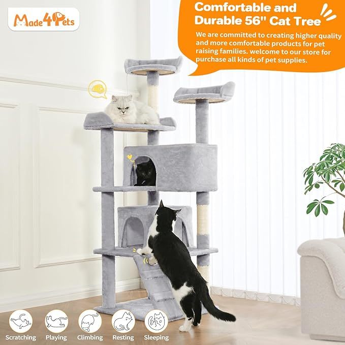 JMT-876938 56-Inch Multi-Level Cat Tree with Two Apartments, Scratching Posts, and Toys in Light Gray