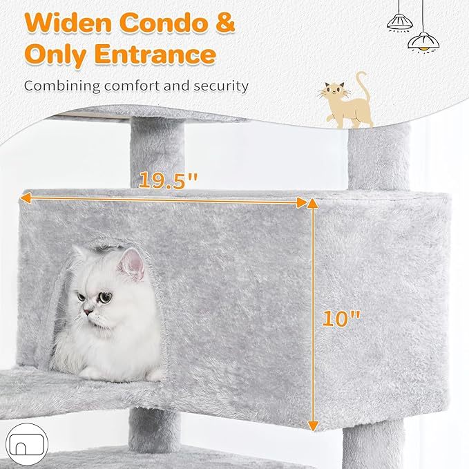 JMT-876938 56-Inch Multi-Level Cat Tree with Two Apartments, Scratching Posts, and Toys in Light Gray