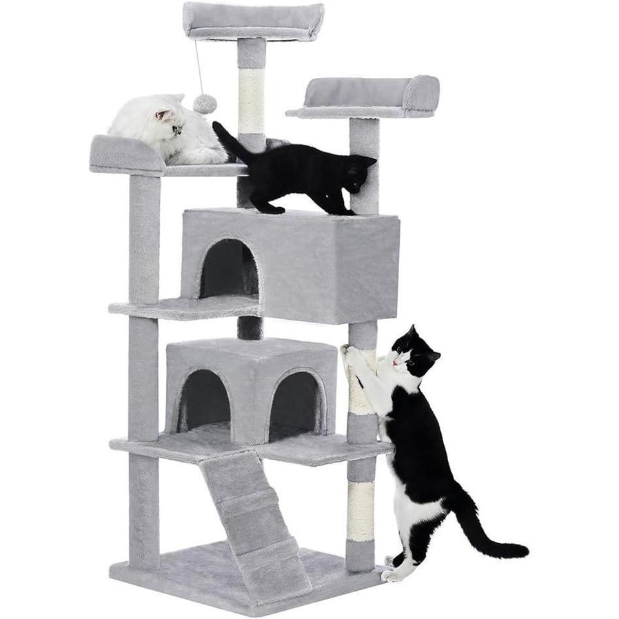 JMT-876938 56-Inch Multi-Level Cat Tree with Two Apartments, Scratching Posts, and Toys in Light Gray