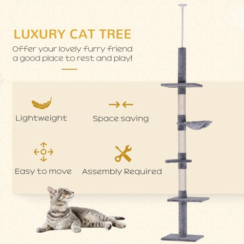 JMT-878090 9 Foot Adjustable Height Vertical Cat Tree with Carpeted Platforms and Sisal Rope Scratching Areas - Grey and White