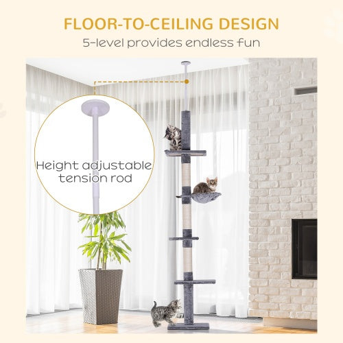 JMT-878090 9 Foot Adjustable Height Vertical Cat Tree with Carpeted Platforms and Sisal Rope Scratching Areas - Grey and White