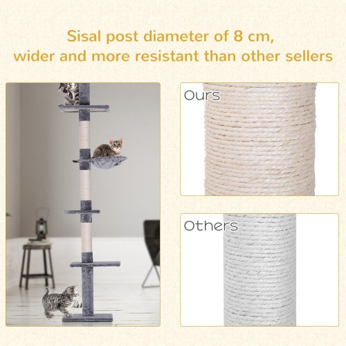 JMT-878090 9 Foot Adjustable Height Vertical Cat Tree with Carpeted Platforms and Sisal Rope Scratching Areas - Grey and White