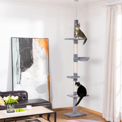 JMT-878090 9 Foot Adjustable Height Vertical Cat Tree with Carpeted Platforms and Sisal Rope Scratching Areas - Grey and White