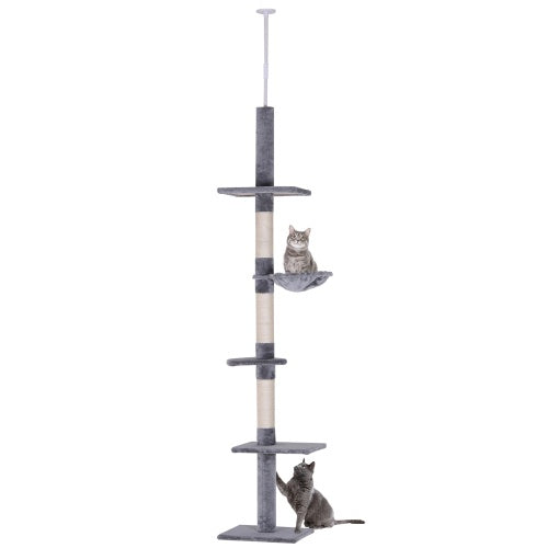 JMT-878090 9 Foot Adjustable Height Vertical Cat Tree with Carpeted Platforms and Sisal Rope Scratching Areas - Grey and White