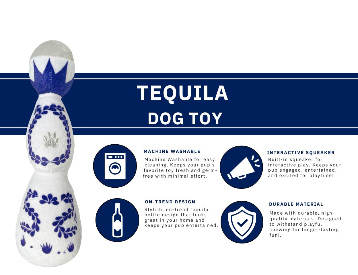 JMT-879050 Plush Tequila Bottle Dog Toy with Squeaker for Interactive Fun, All Dog Sizes